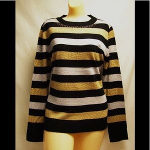 XL NWT metallic stripe sweater Swarovski Crystal black silver gold metallic